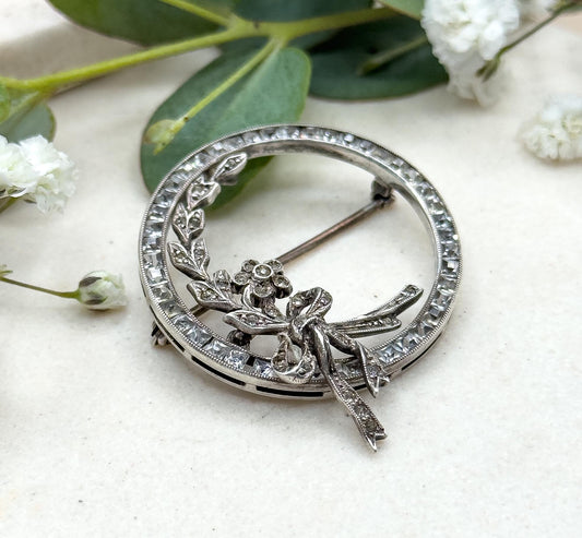 Antique Art Deco Floral Circle Brooch with Bow in Sterling Silver Antique Paste Wreath Brooch