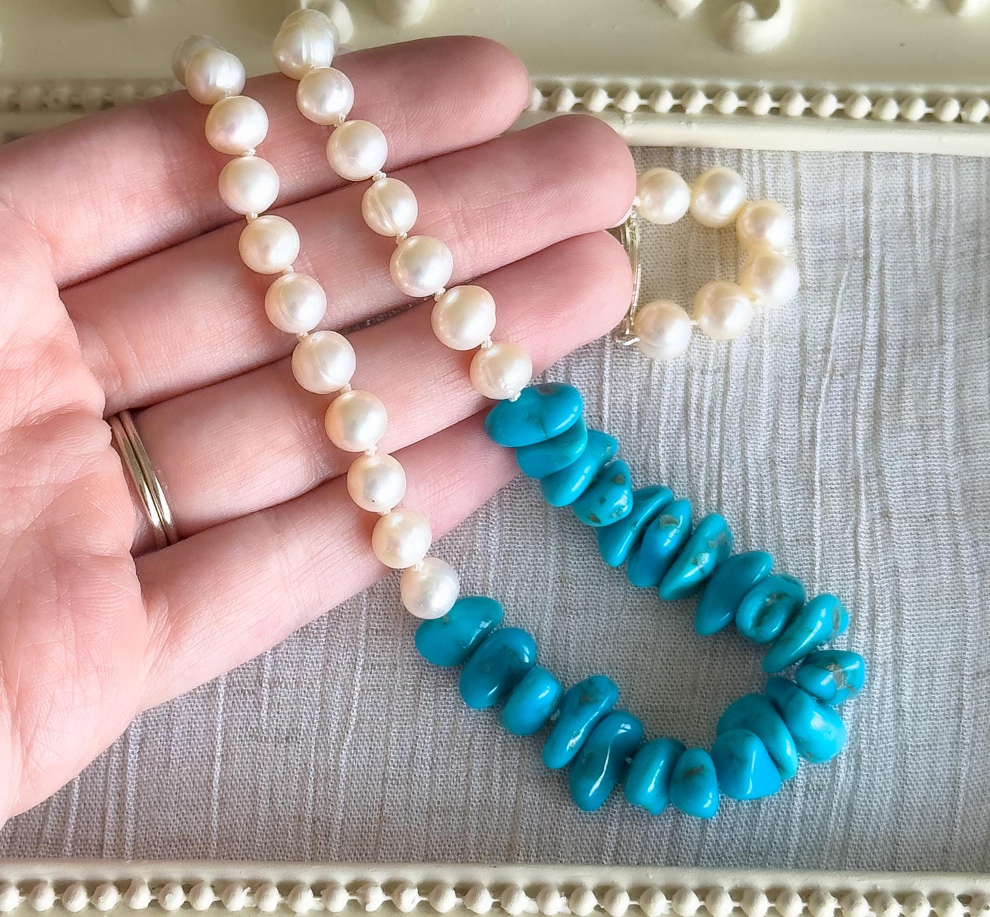 Pearl and Turquoise necklace bead vintage pearl necklace Arizona Sleeping beauty Turquoise necklace with sterling clasp Blue turquoise pearl