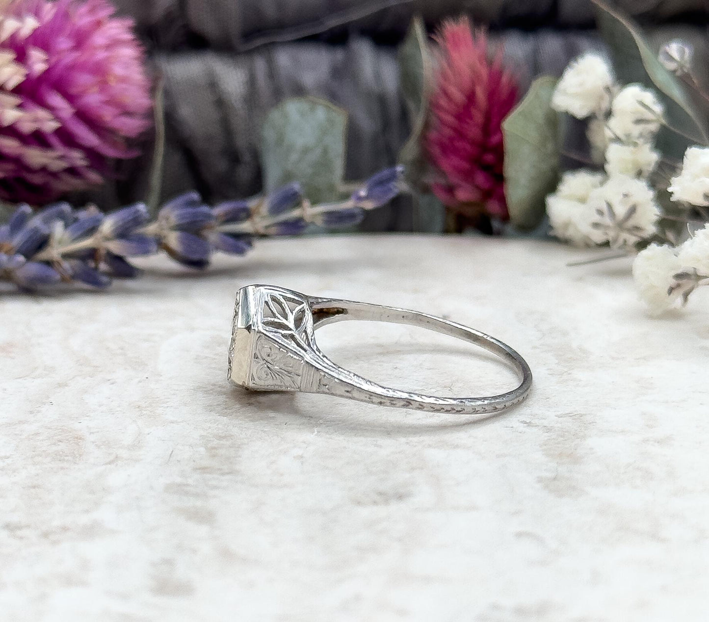 Art Deco Platinum Diamond Ring Filigree Hexagon Setting 1920s Engagement Ring Half Carat Round Brilliant Size 6.75 Vintage Bridal