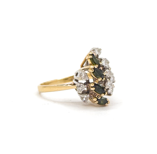 Vintage Green Tourmaline Marquise & Diamond Cluster Ring in 14K