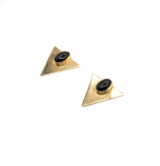 Vintage 1990s Triangular Stud Earrings w Onyx Cabochon in 10K Gold