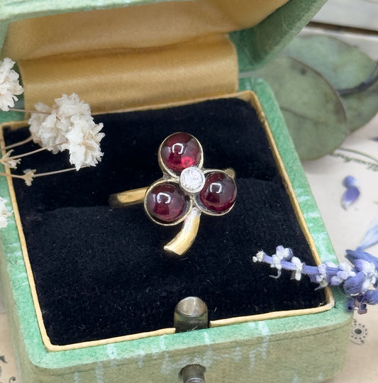 Handmade Garnet & Diamond Clover Ring