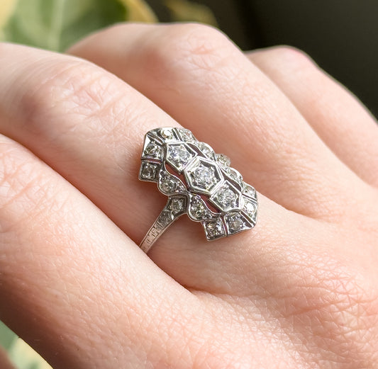 Edwardian Diamond Shield Ring in 900 Platinum