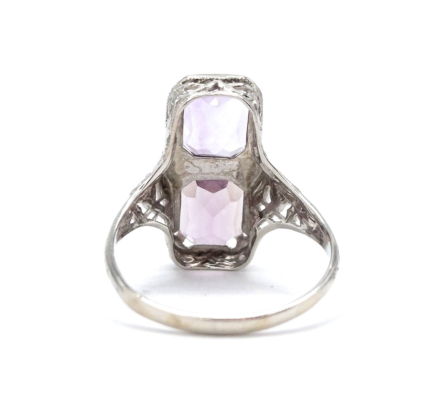 Art Deco Filigree Toi et Moi Amethyst Shield Ring in White Gold