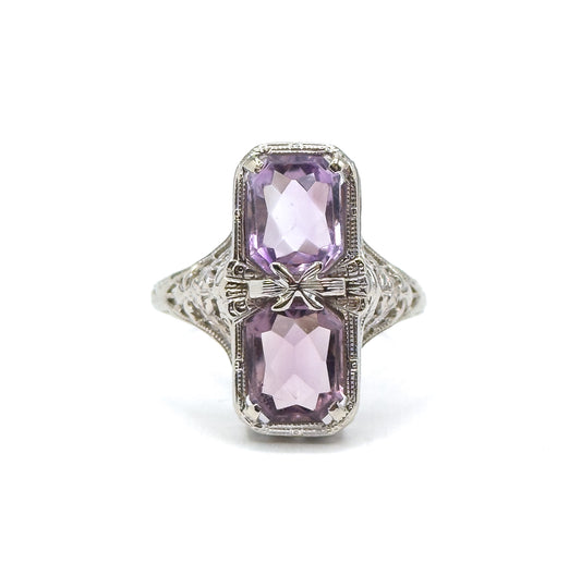 Art Deco Filigree Toi et Moi Amethyst Shield Ring in White Gold