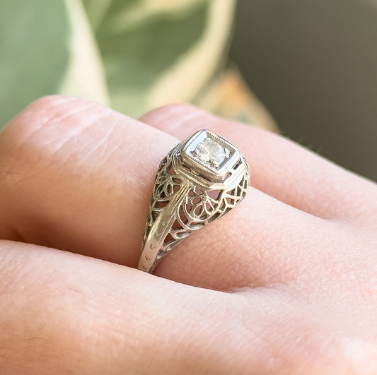 Art Deco Domed Filigree Diamond Ring in White Gold