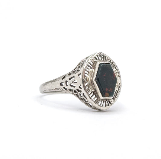 Art Deco Bloodstone Signet Ring in White Gold