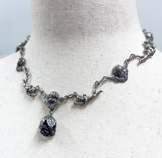 Antique Figural Cherub & Rose Choker Necklace in Silver
