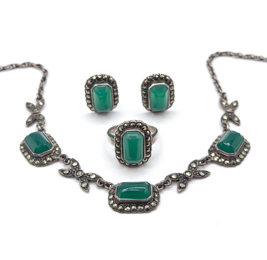 Vintage Chrysoprase & Marcasite Necklace, Earringb & Ring Set in Silver