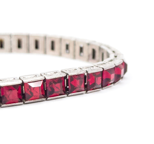 Vintage Art Deco French Cut Red paste Line Bracelet in Silver