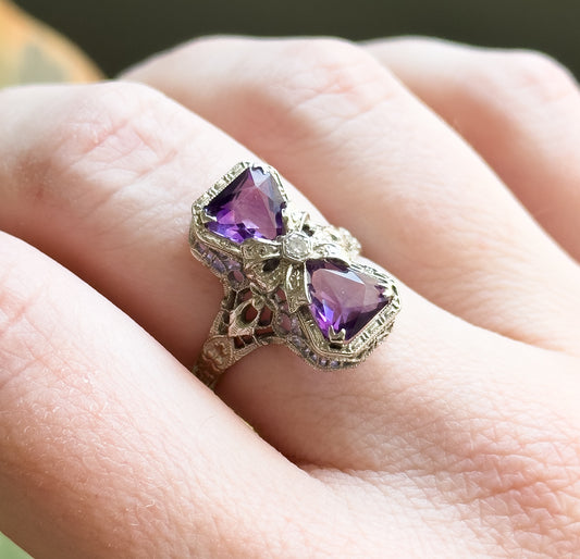 Art Deco Toi et Moi Amethyst Filigree Ring in 14K White Gold