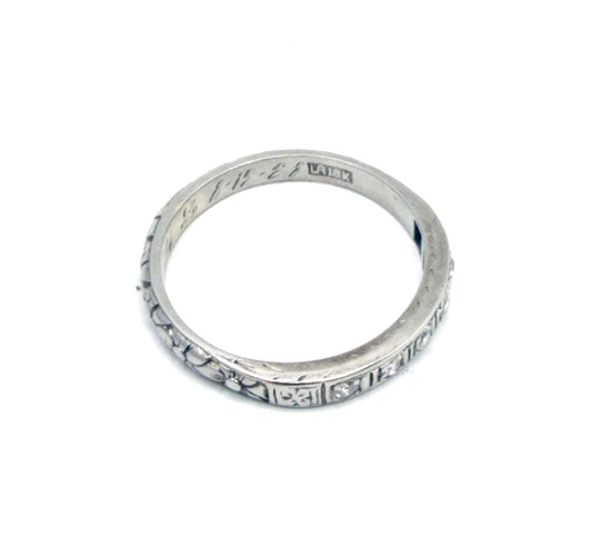 Art Deco Diamond Band with Flowers and Sentimental engraving in White Gold