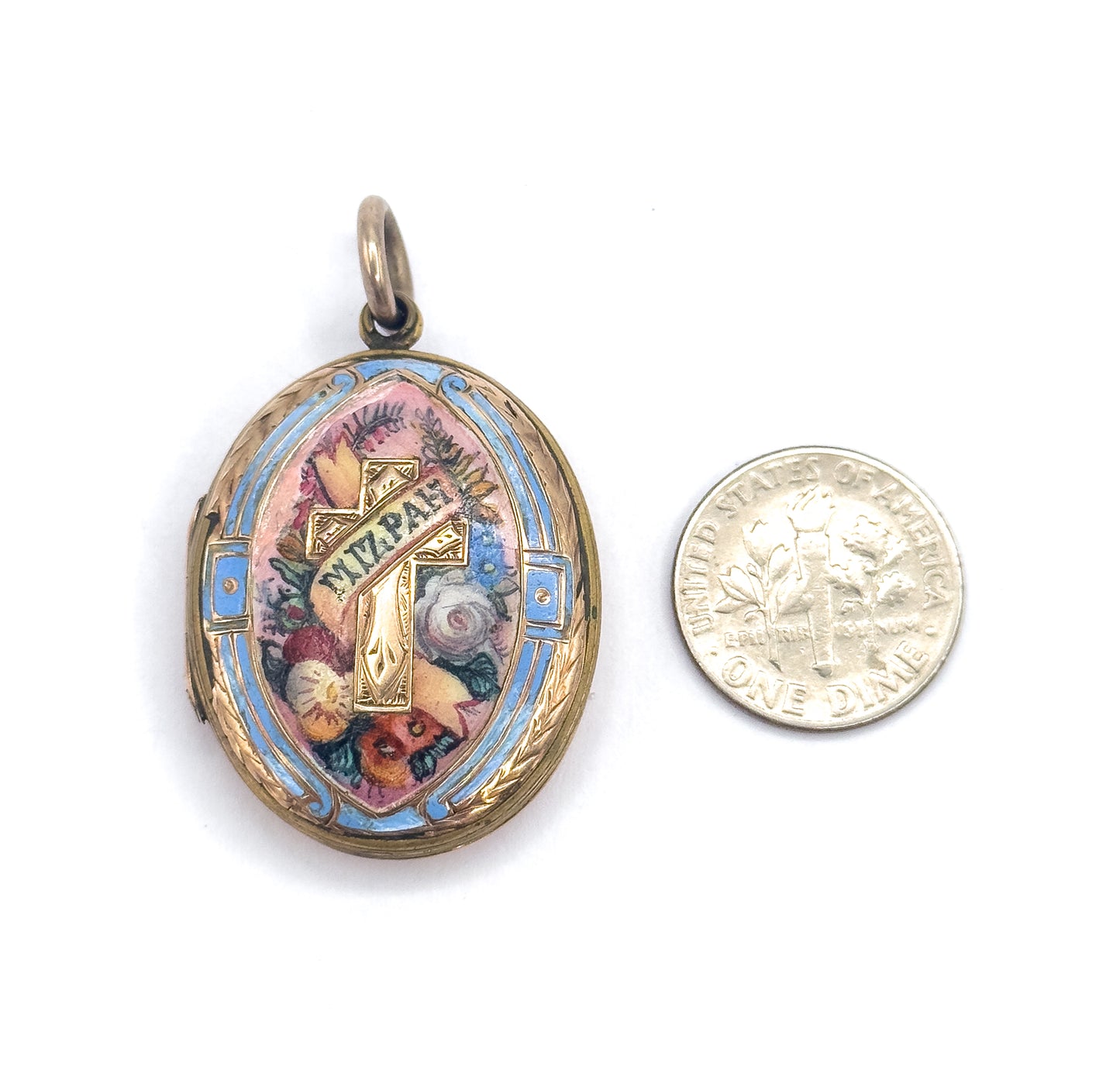 Victorian Mizpah Enamel Locket Pendant in Gold Tone