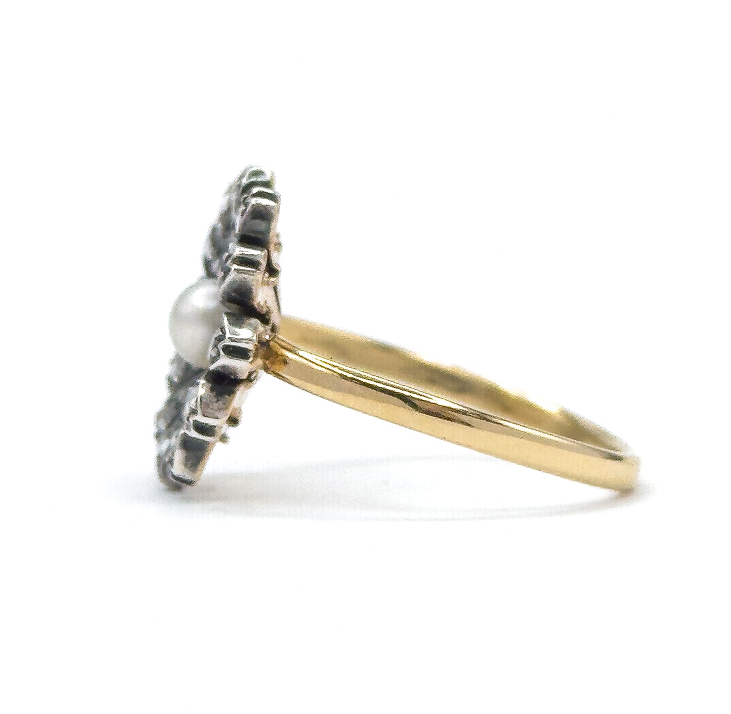 Victorian Rose Cut Diamond & Pearl Flower Ring in 18K, Silver topped