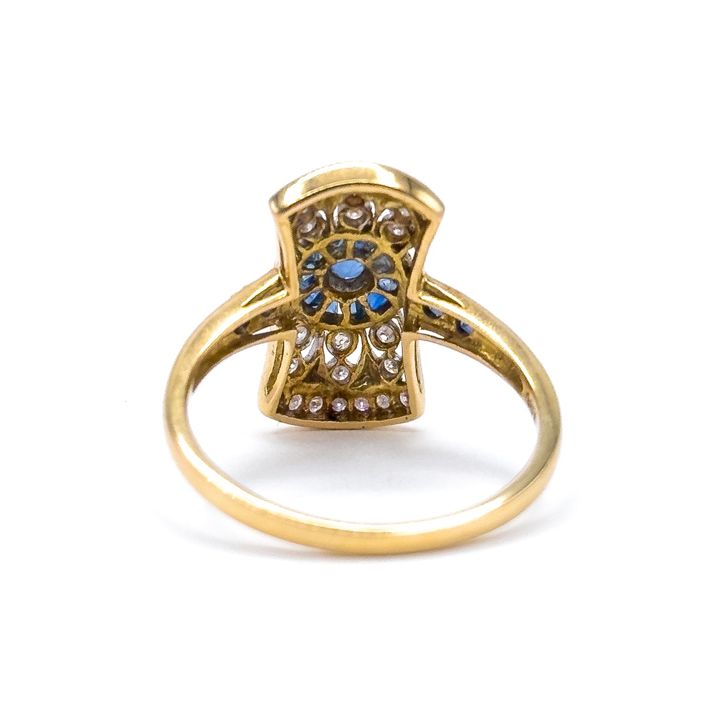 Vintage Art Deco Style Target Ring with Diamonds & Sapphires in 18K Gold