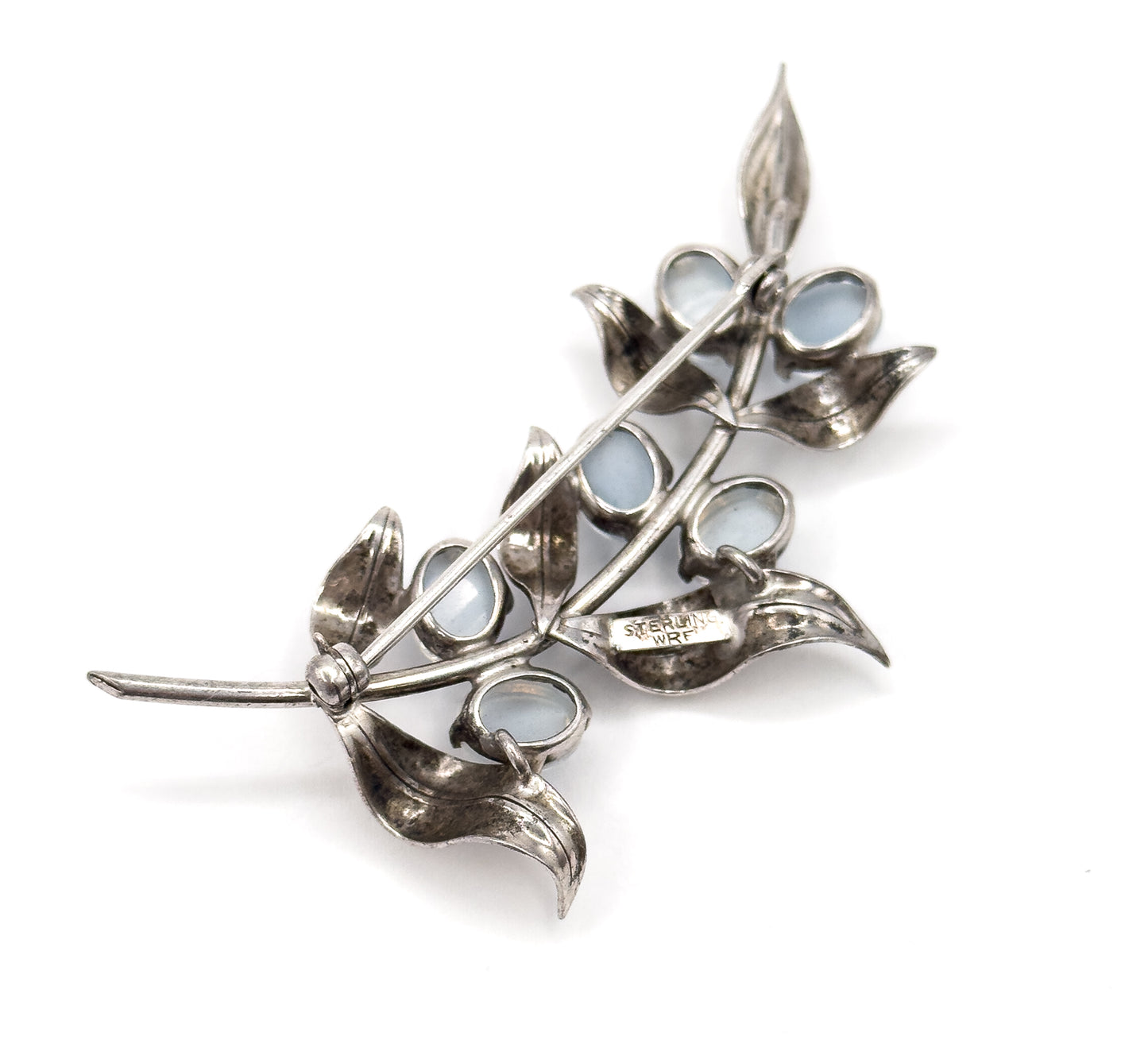 Mid Century Faux Moonstone Cabochon Foliate Brooch in Silver