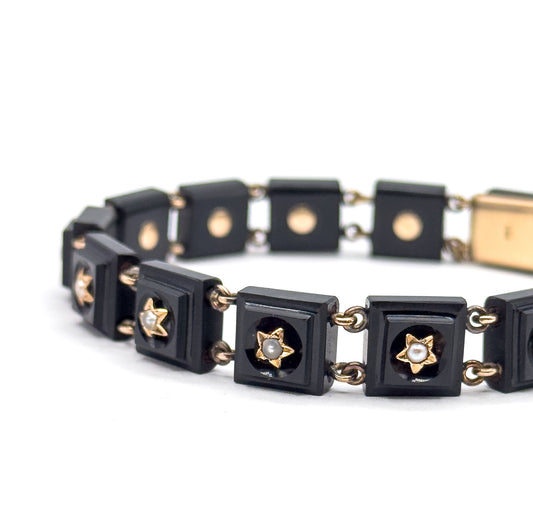 Antique Onyx & Seed Pearl Star Bracelet in 14K Gold