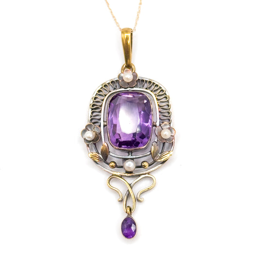 Art Nouveau Amethyst & Seed Pearl Necklace in 14K Yellow Gold