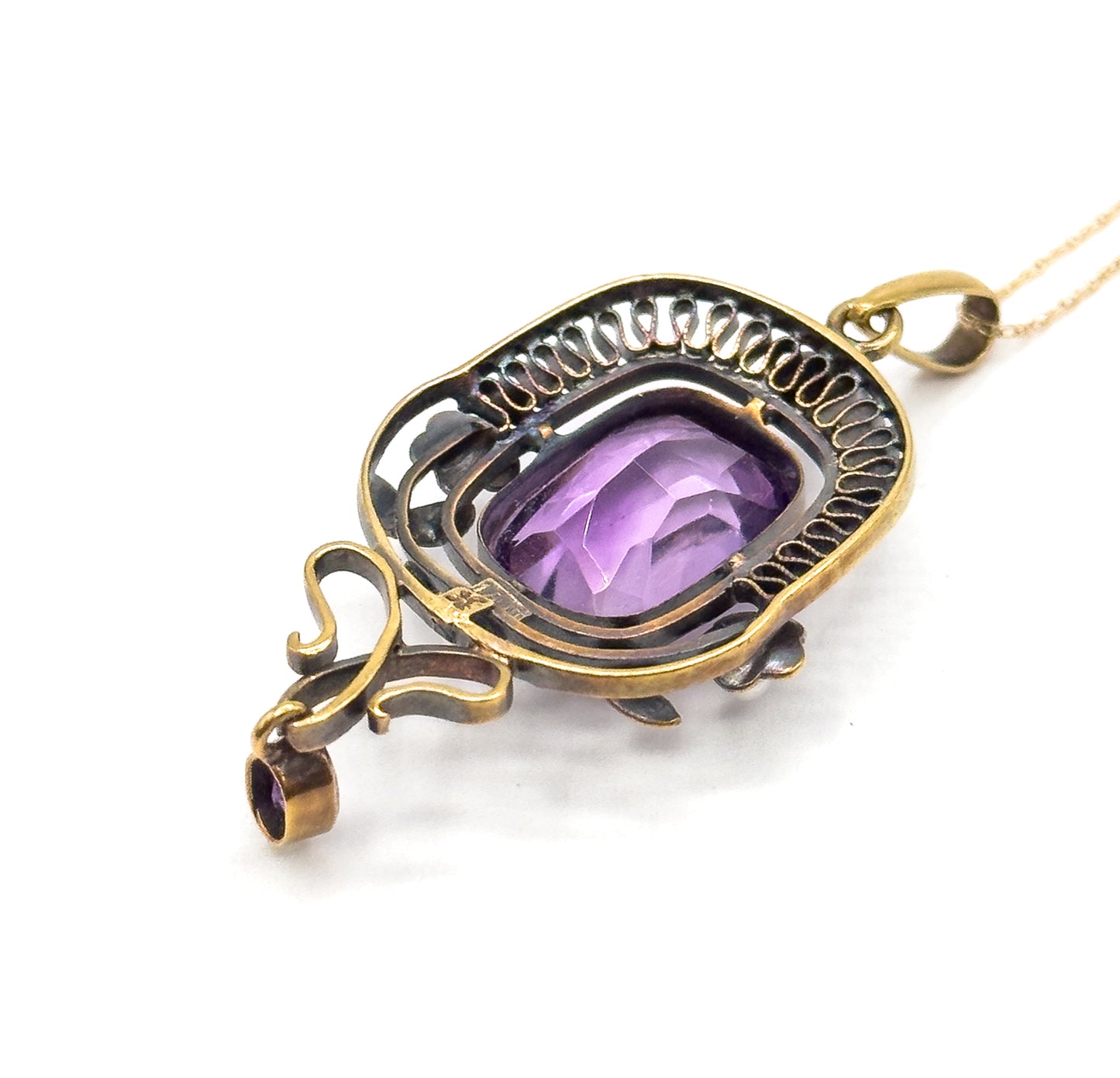 Art Nouveau Amethyst & Seed Pearl Necklace in 14K Yellow Gold