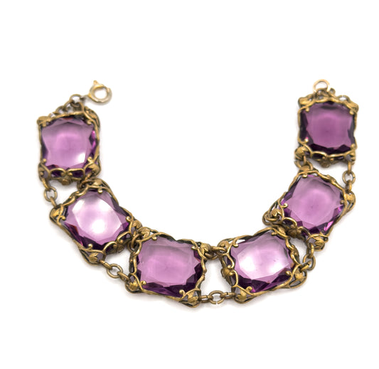 Art Nouveau Purple Paste Floral Bracelet in Base Metal