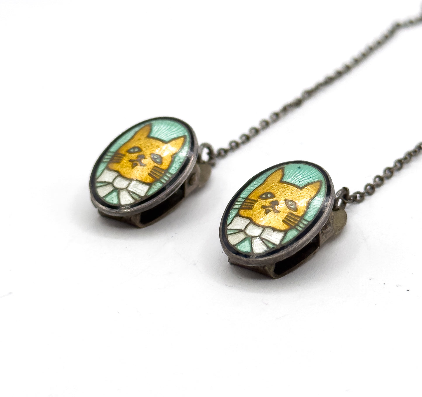 Mid-Century Enamel Cat Bib Clips in Sterling Silver