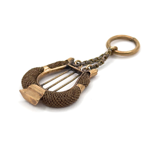 Victorian Sentimental Hairwork Lyre Pendant in 14K Yellow Gold