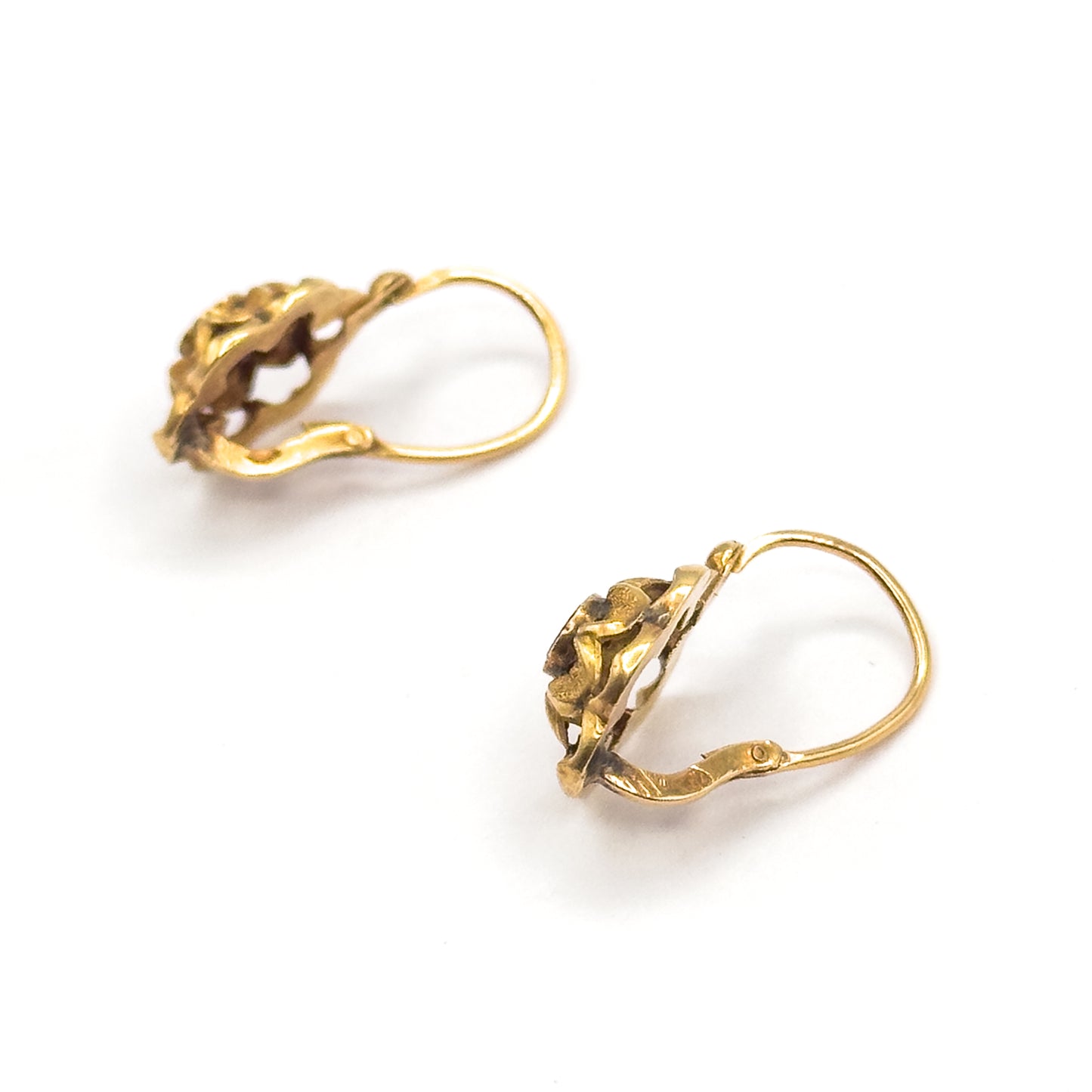 French Art Nouveau Fuchsia Paste Flower Earrings in 18K Yellow Gold