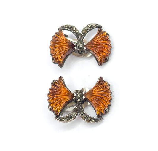 Retro Amber Glass & Marcasite Bow Earrings in 835 Silver