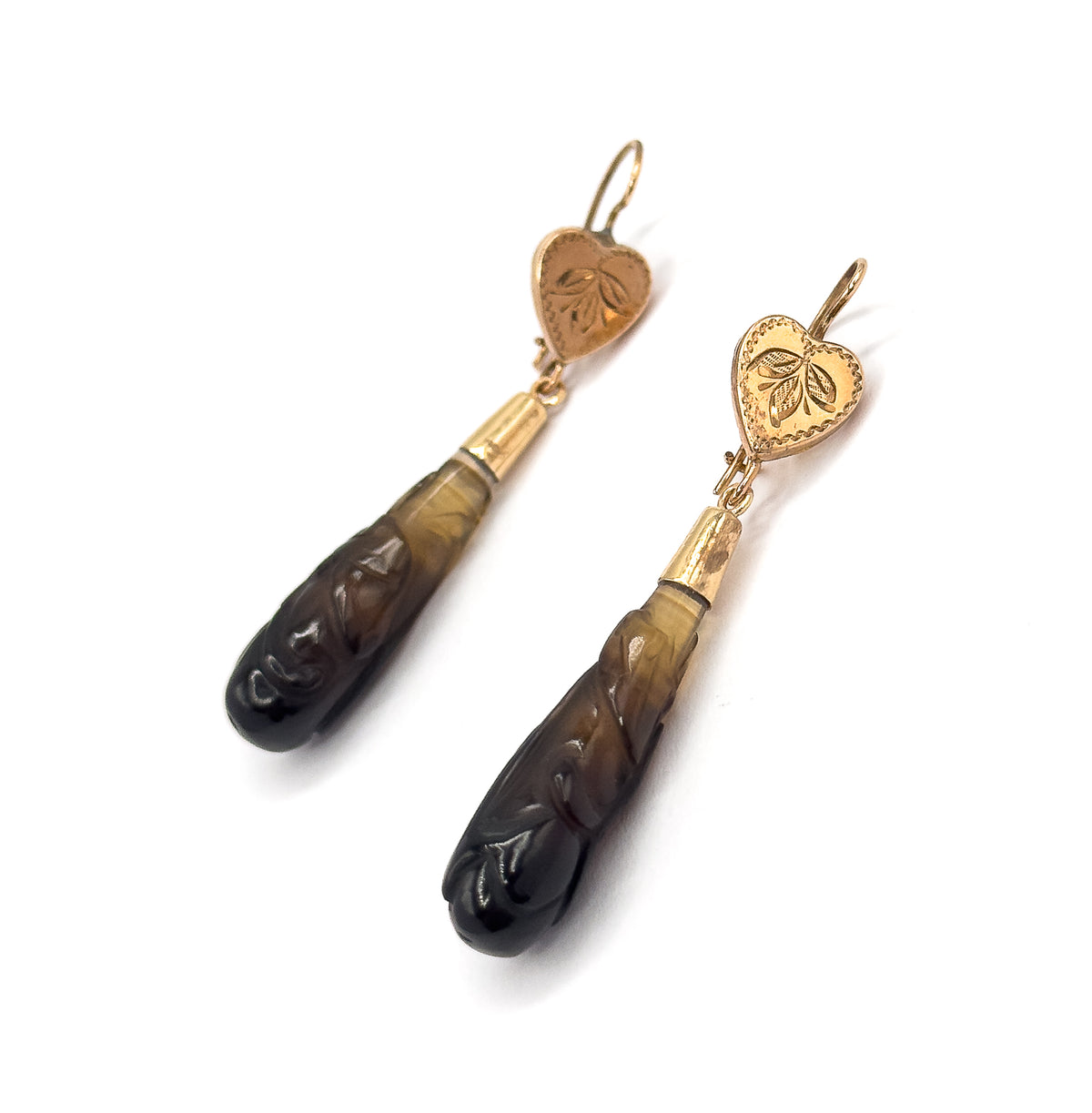 Victorian Carved Banded Agate Drop Earrings in 14K Rose Gold