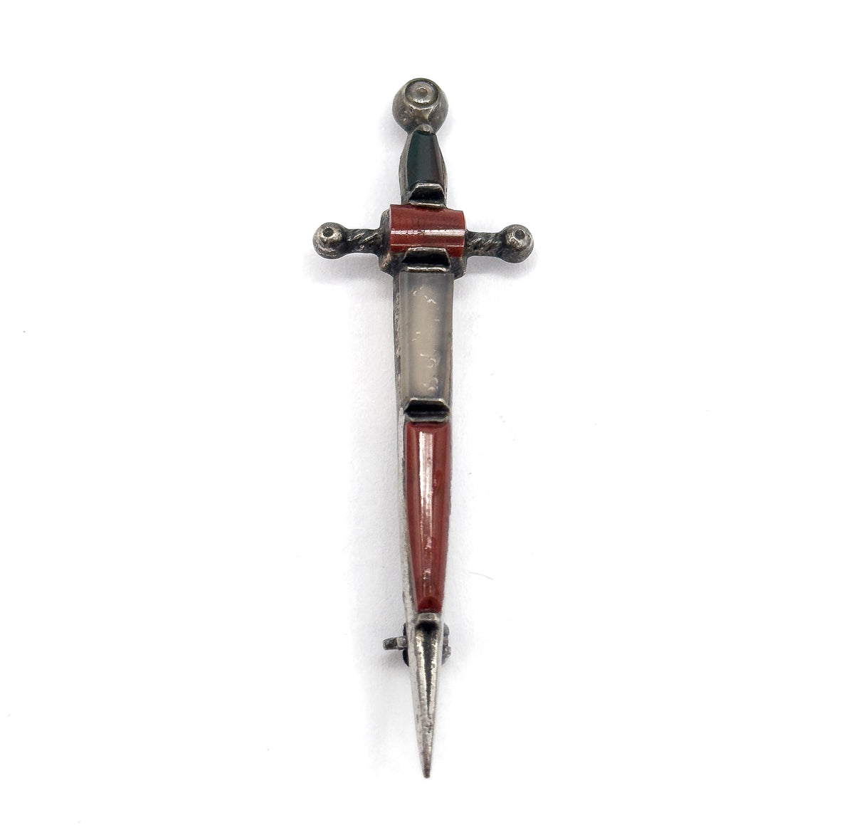 Straight-on front view with the sword upright and point down, showing the full length of stone-set blade, crossguard and pommel, with the pin stem and catch just visible near the tip.