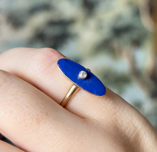 Edwardian Blue Enamel & Diamond Navette Ring in 10K Yellow Gold