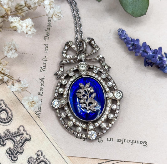 Antique Edwardian Garland Style Bow Necklace with Paste Gems in Silver w Blue Bristol Glass