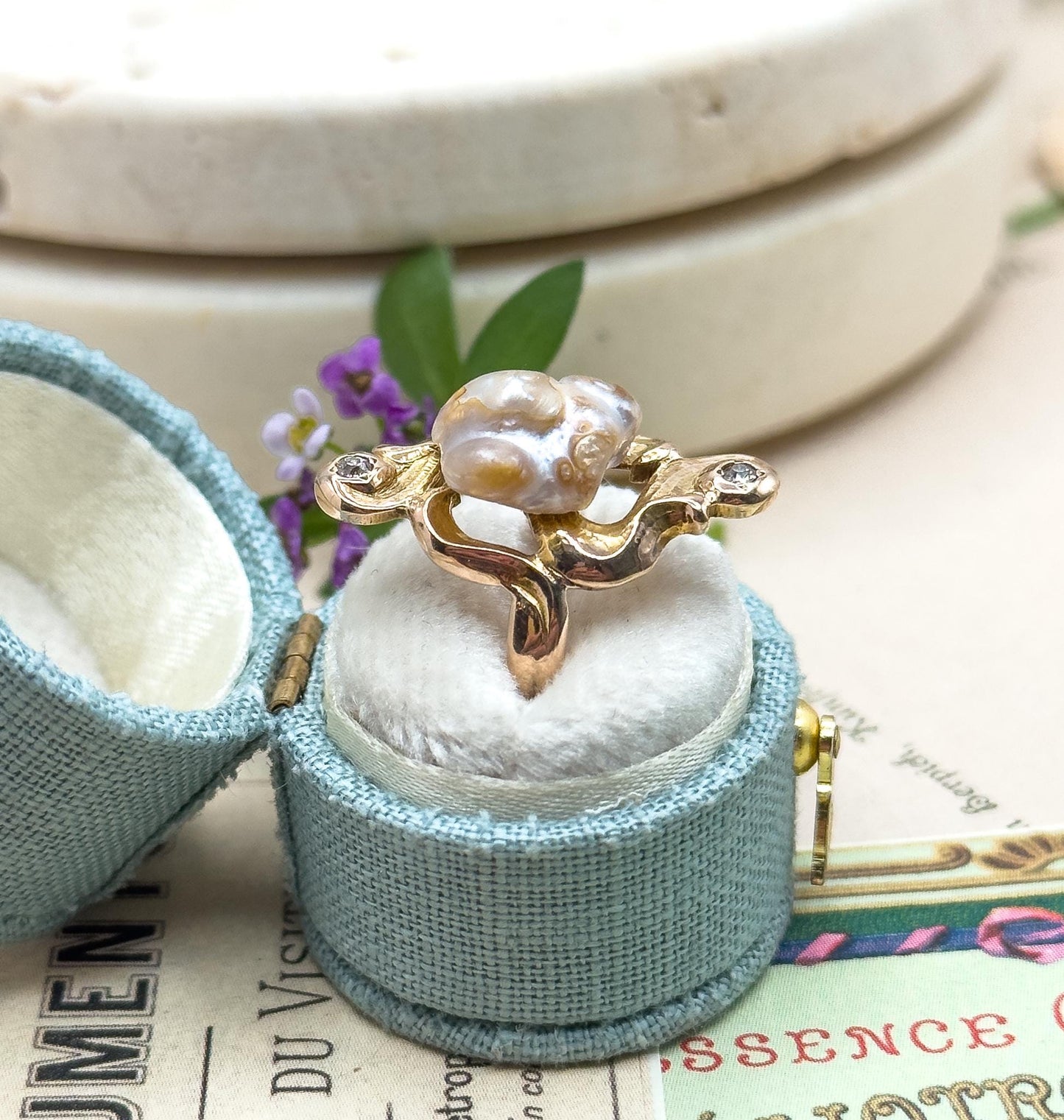 Antique Art Nouveau Baroque Pearl Ring with Old European Cut Diamonds