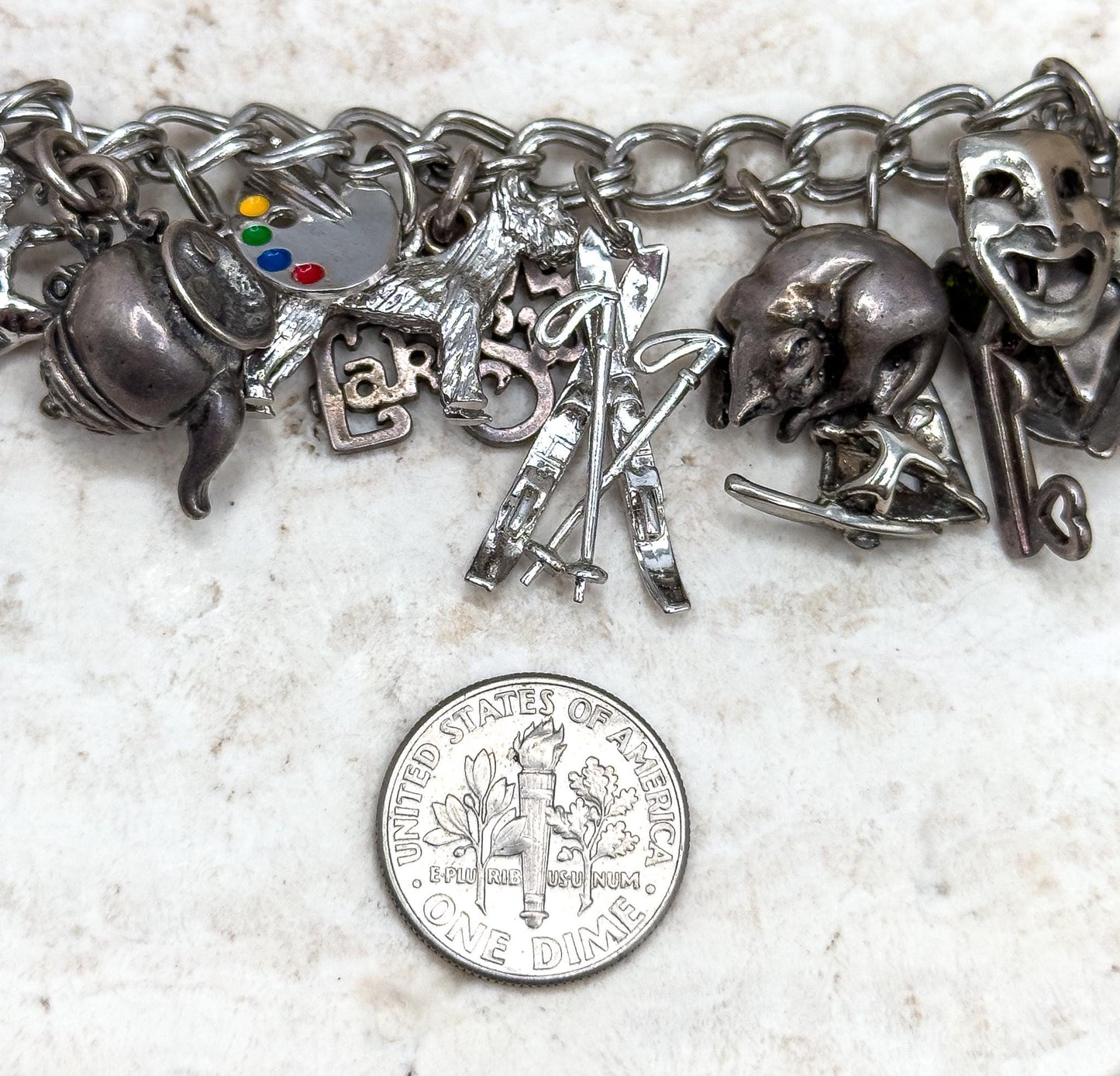 Vintage Charm Bracelet with Sterling Silver Charms Fully loaded charm bracelet 22 charms c