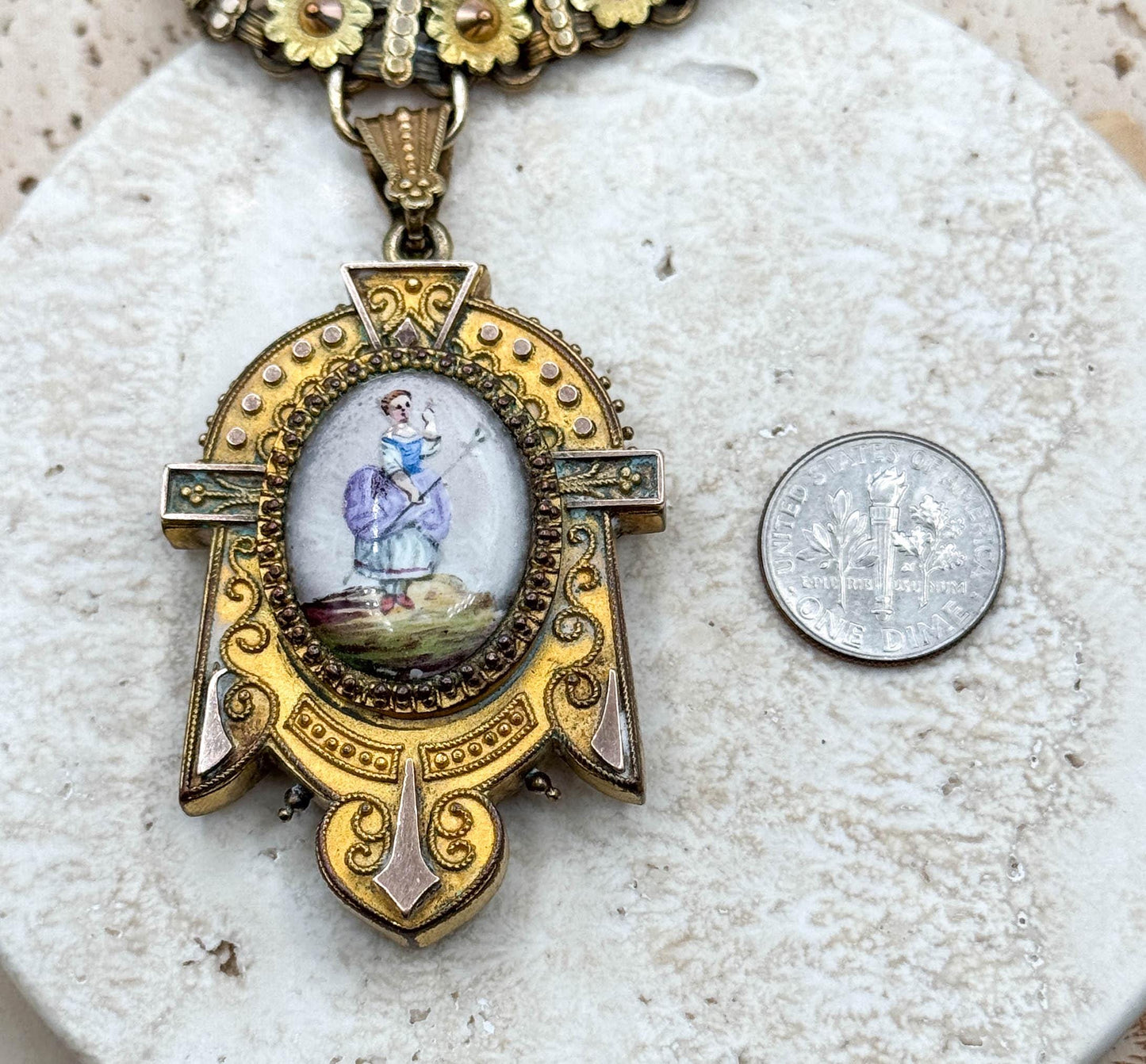 Antique Enamel Locket on Floral Book Chain Necklace - As Is