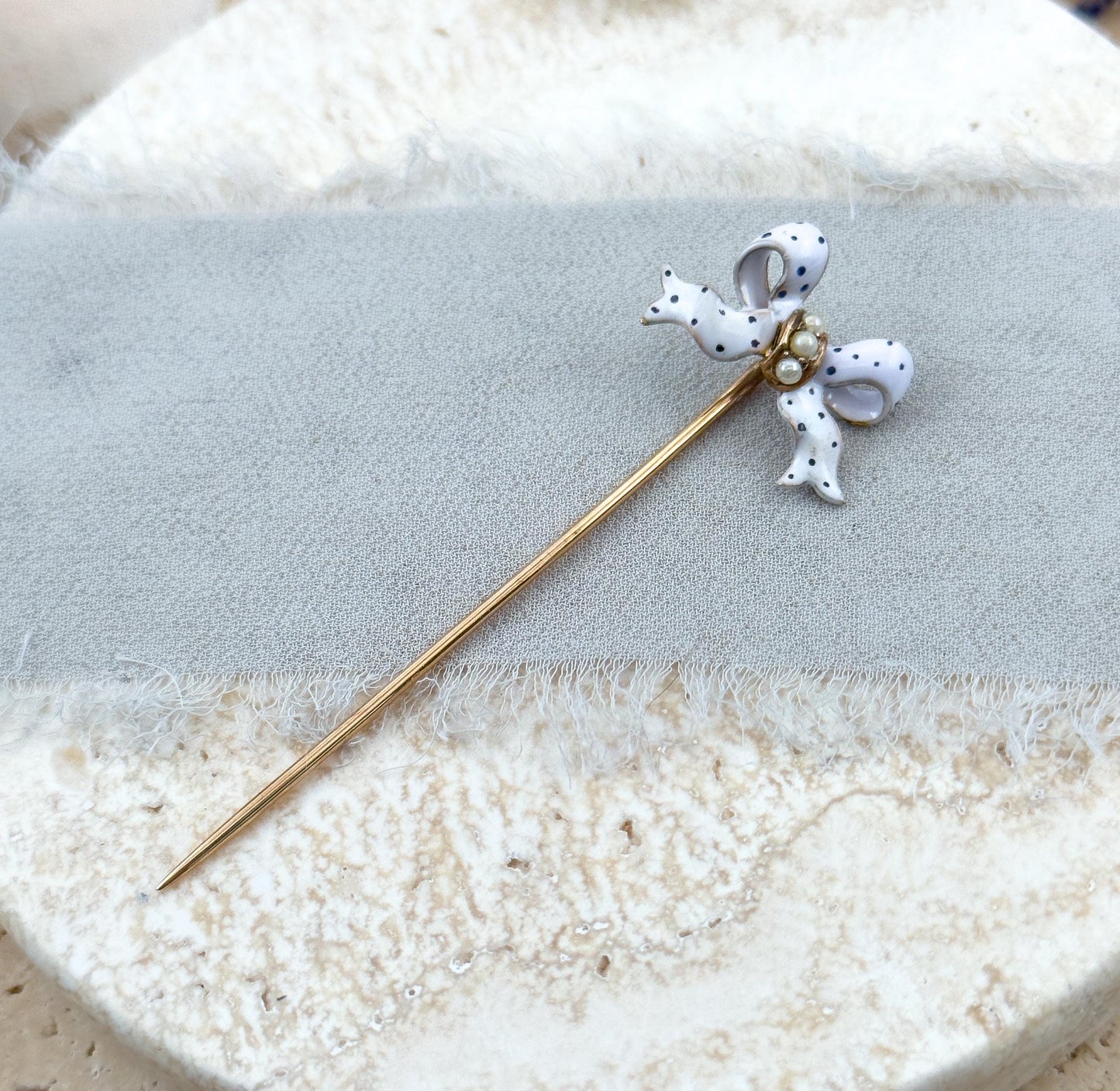 Victorian Bow Pin with Polka Dot Enamel & Seed Pearls in 15K Gold