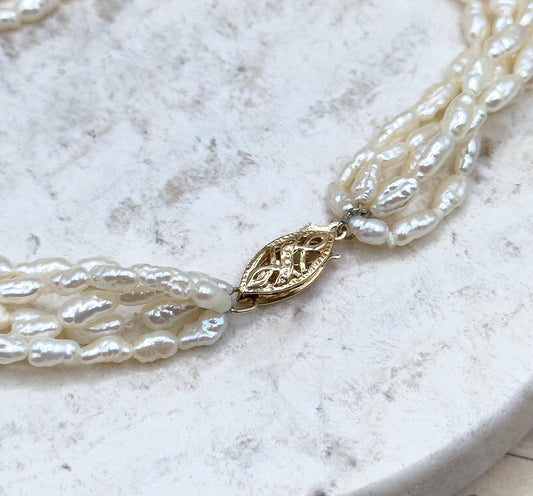 Beautiful Multi Strand Pearl Bracelet with 14K Yellow Gold Clasp Fresh Water pearl