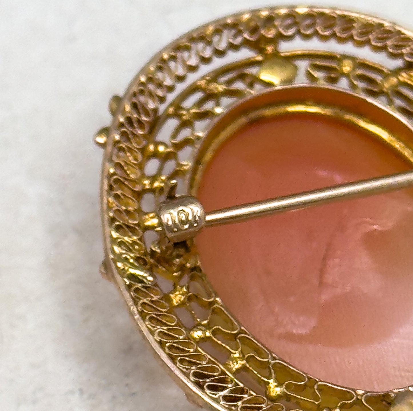 Antique Diana Cameo Brooch: 10K Gold Filigree, Seed Pearls