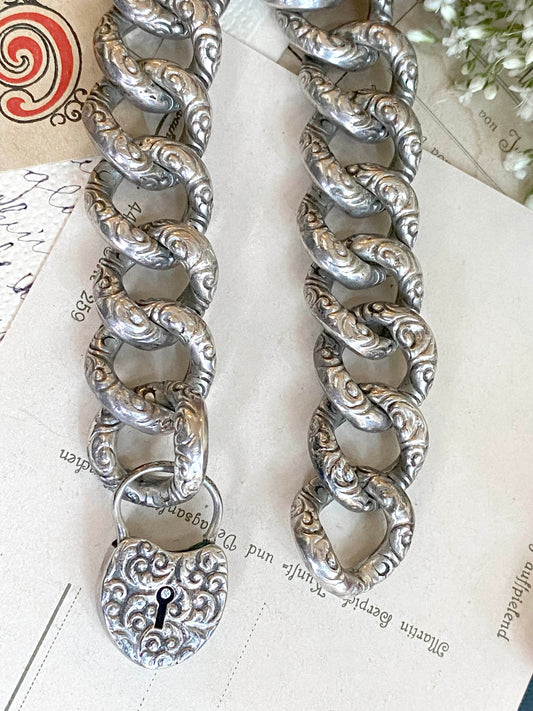 Victorian Repousse Puffy Link Chain Bracelet in Silver w Padlock heart