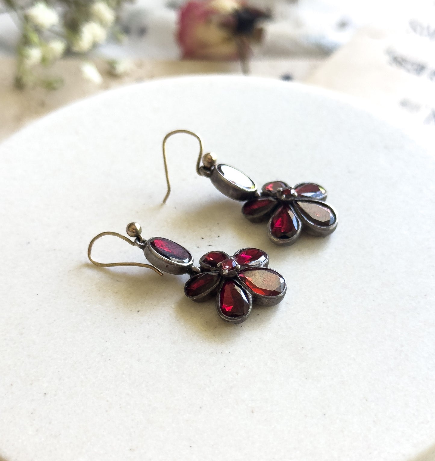 Antique Georgian Garnet Pansy Earrings Flat Cut Garnets