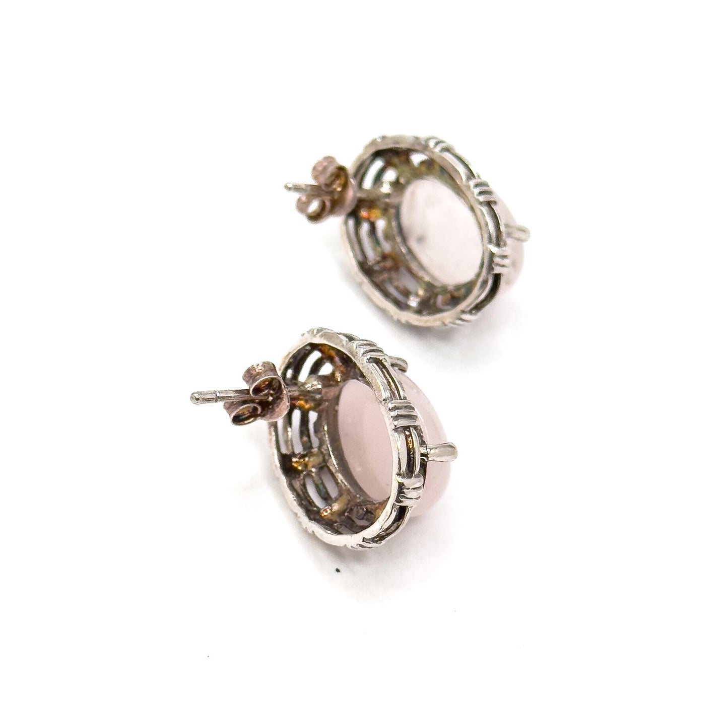 Vintage Rose Quartz Sterling Silver Stud Earrings: Basket Setting