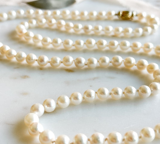 Long Vintage Pearl Necklace with 14K Gold Clasp Hand knotted 37in Akoya pearl strand Pearl 7.5mm