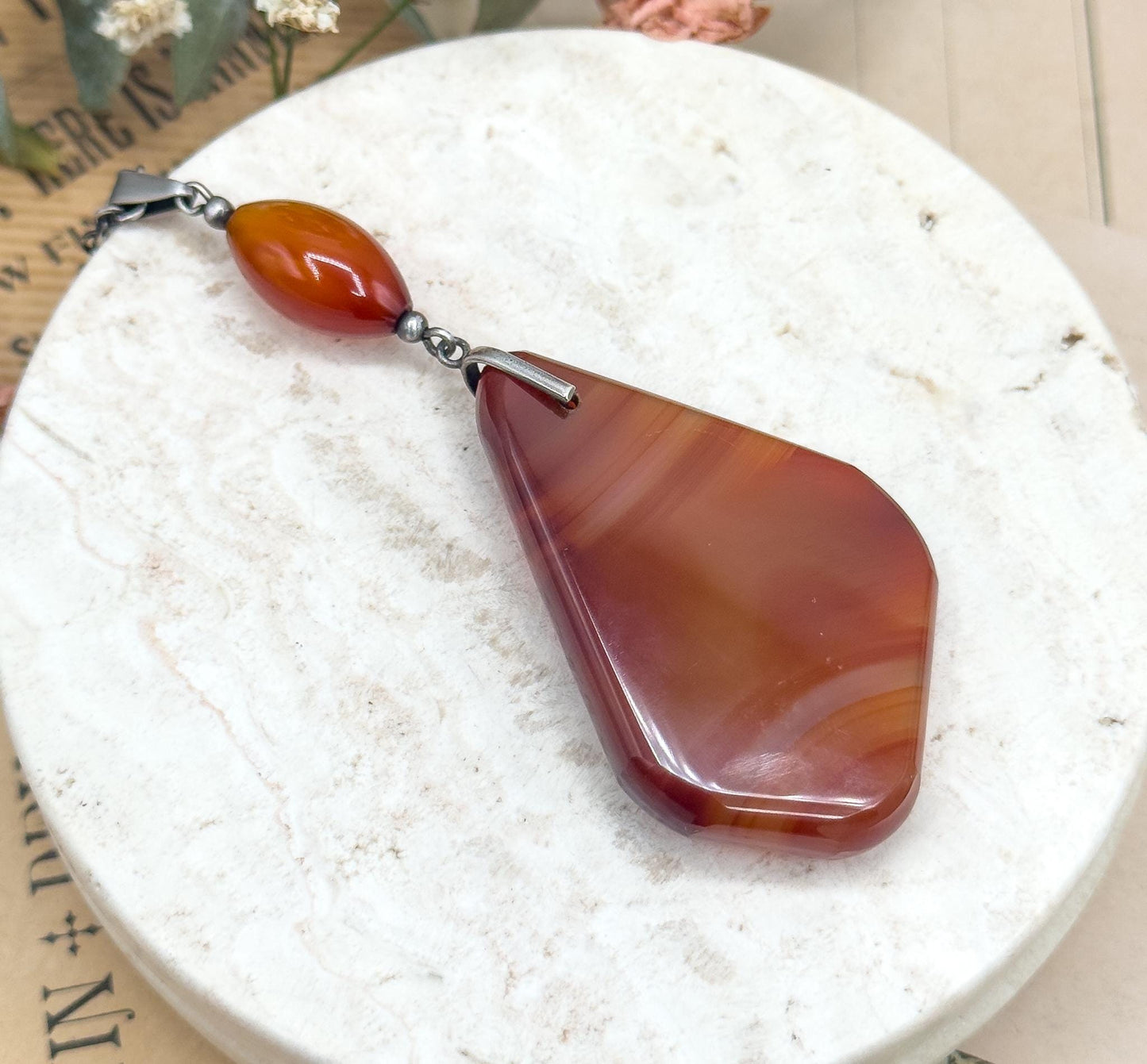 Vintage Banded Agate Freeform Stone pendant necklace in Sterling Silver