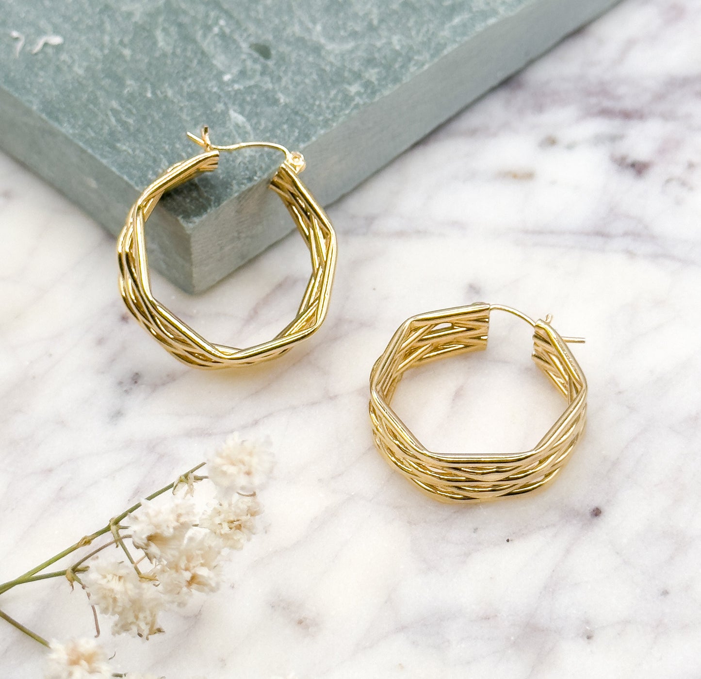 Vintage 14K Gold Hoop Earrings: Textured Bamboo Style