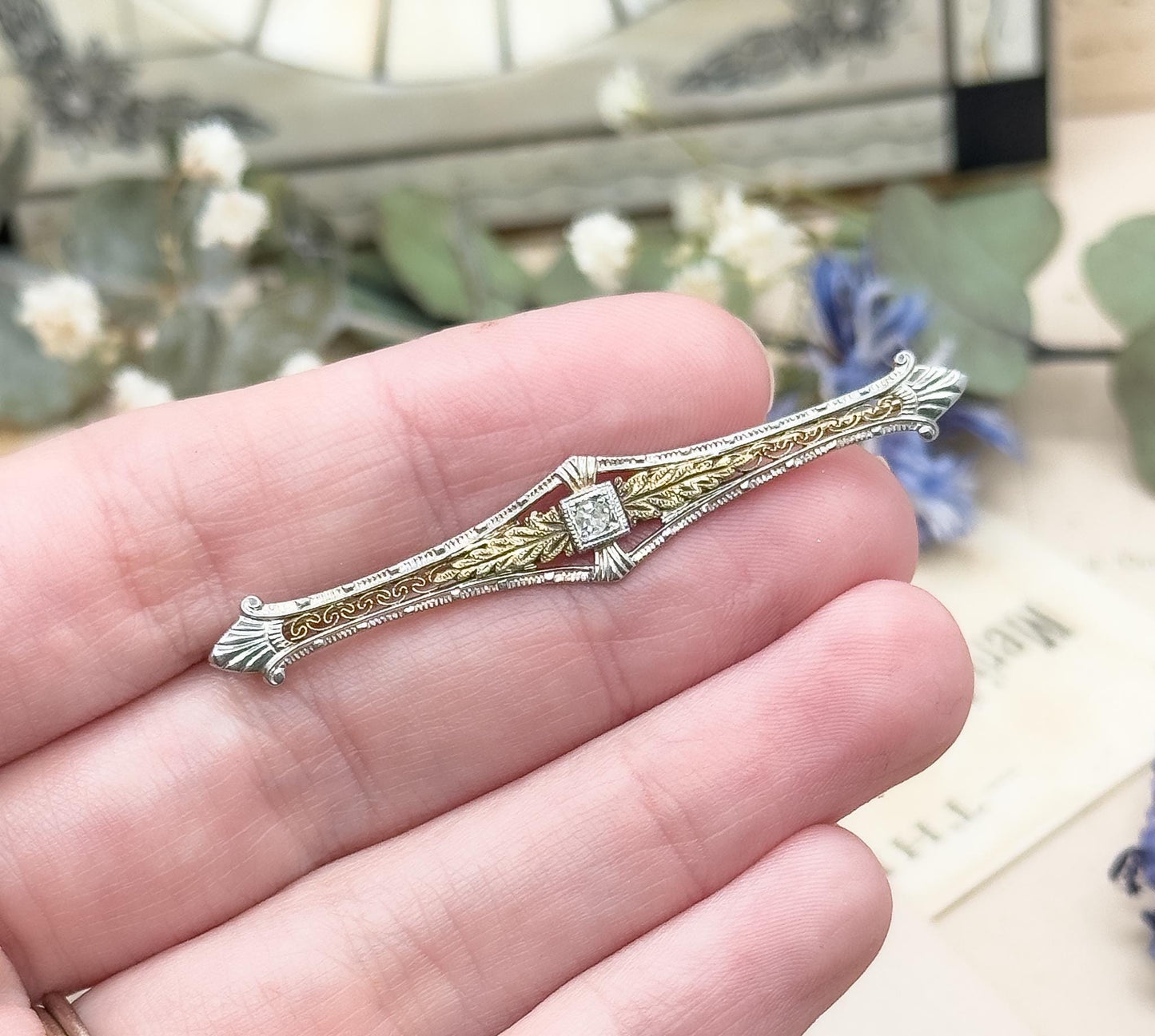 Antique Filigree Bar Pin in 10K Two Tone Yellow Gold White Gold Floral Leaf design