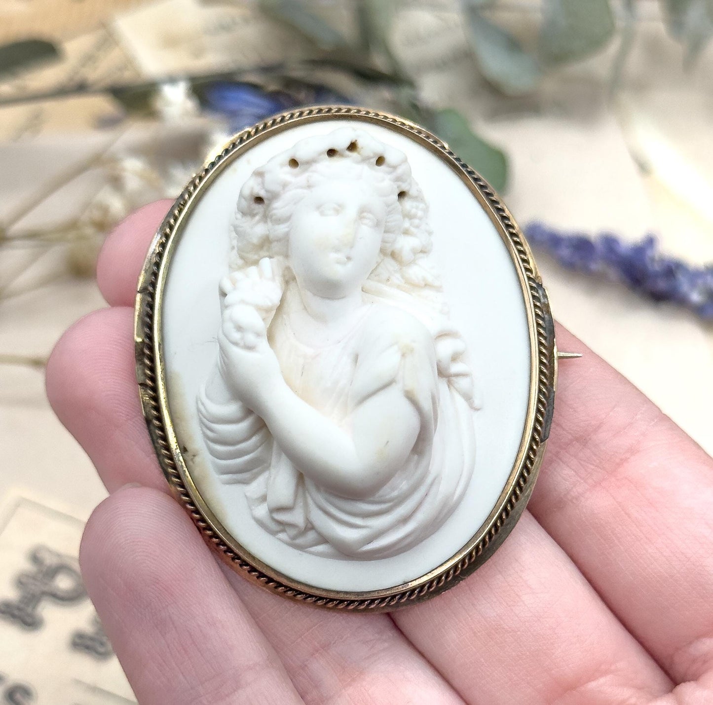 Victorian Lava Cameo Brooch: High Relief Bacchante Figure, 10K Gold