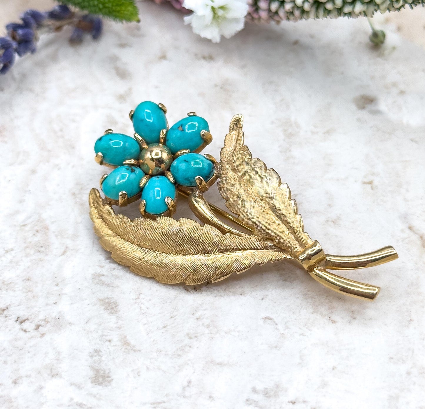 Vintage MidCentury Brooch & Earring Set with Turquoise in 14K Yellow Gold