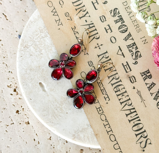 Antique Georgian Garnet Pansy Earrings Flat Cut Garnets