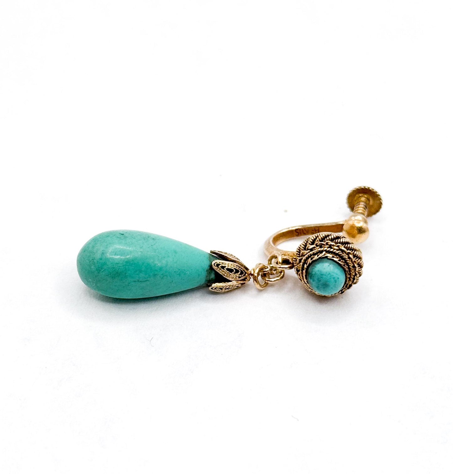 Antique Vermeil Silver Turquoise Stone Drop Earrings - Cannetille Filigree
