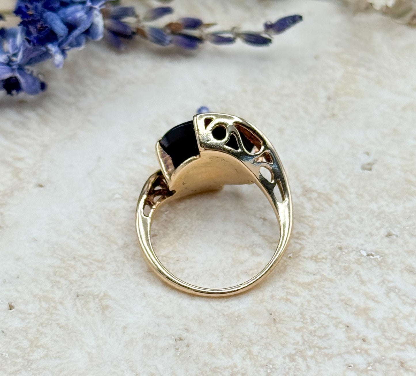 Vintage Onyx & Diamond Ring in 10K Yellow Gold Bypass Ring Florentine gold textured